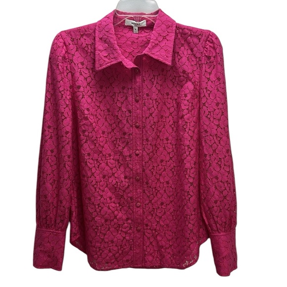 Milly Hot Pink All Over Lace Button Up Shirt Medium Puff Sleeve Semi Sheer - Picture 1 of 15